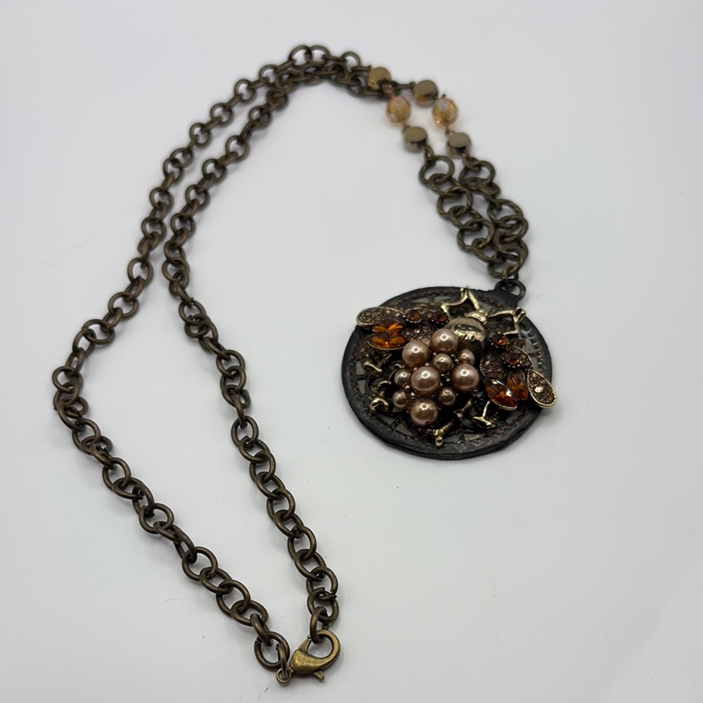Hand Made Artisan Gold and Brown Honey Bee Pendant Statement Necklace 3 D